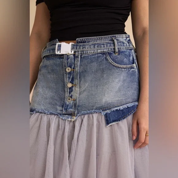 Nwt Micas Denim Mesh Patchwork High Waist denim and tulle Skirt - Picture 7 of 17